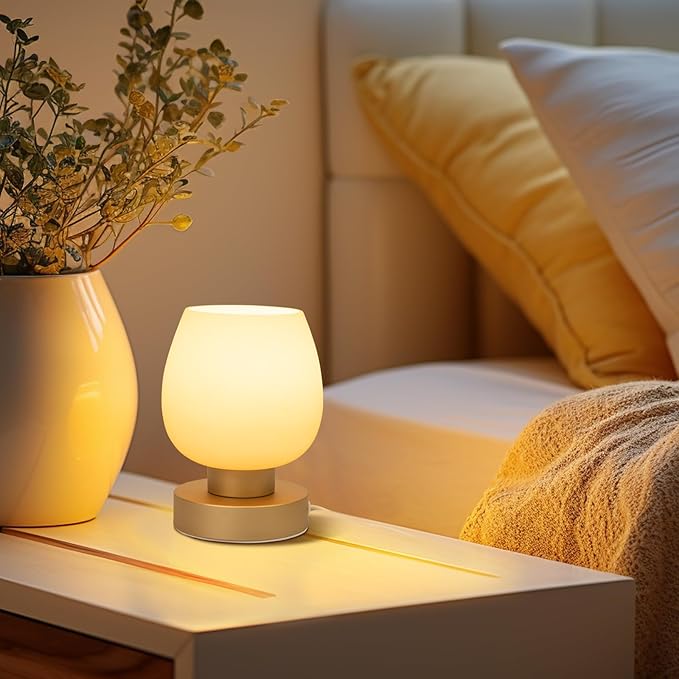Touch Bedside Table Lamp - Desert Titanium Color Glass Lamp Shade, Warm LED Bulb, 3 Way Dimmable, Simple Design - Bloomnest