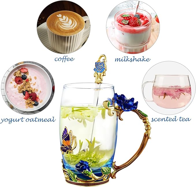 Flower Tea Cup ,Butterfly Rose Clear Glass Fancy Coffee Mug with Spoon,Gift Box for Her Mom Wife Grandma Girls Friends Valentines Christmas Birthday Present Idea for Juice,Hot And Cold Drinks Use - Bloomnest