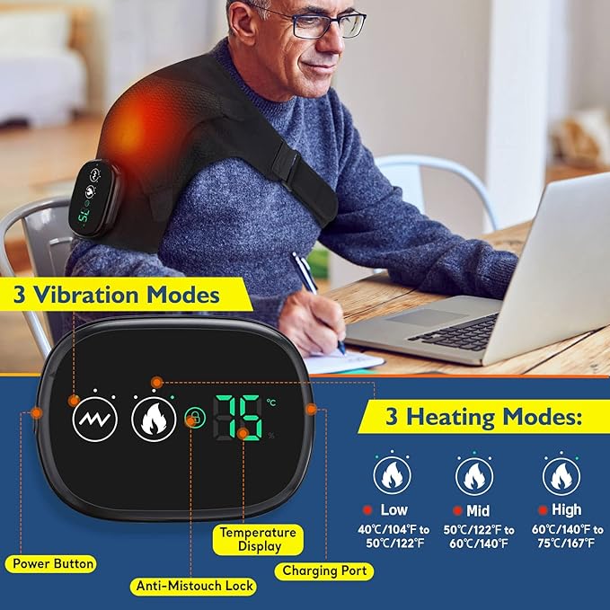 Cordless Shoulder Heating Pad, Heated Shoulder Brace with Vibration, Shoulder Massager for Men Women Pain Relief - Bloomnest