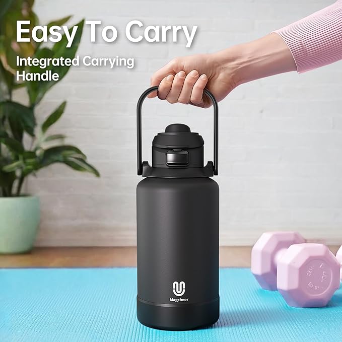 64oz Insulated Magnetic Water Bottle - Stainless Steel Vacuum Flask with MagSafe Compatible Phone Holder Keeps Drinks Cold for 24 Hours Water Jug for Gym and Outdoor Activities（Balck) Magcheer