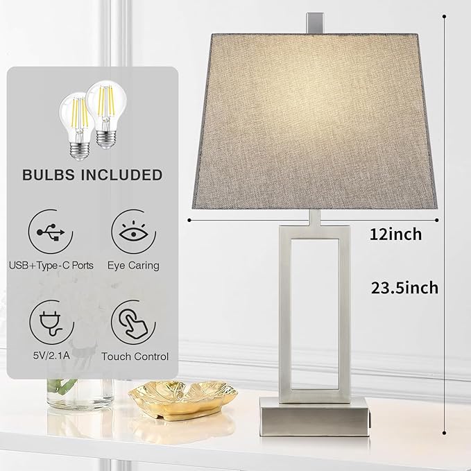 23.5" Touch Control Table Lamps, Metal Bedside Lamp for Bedroom Set of 2 with USB A+C Ports & AC Outlet, 3-Way Dimmable Nightstand Lamp for Living Room (LED Bulb Included) - Bloomnest