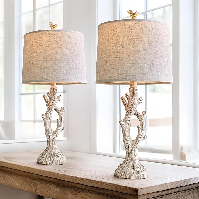 OYEARS Farmhouse Table Lamps Set of 2 for Living Room Bedroom Bedside Tree Lamp Nightstand End Table 25" Lamps Vintage Natural Style - Bloomnest