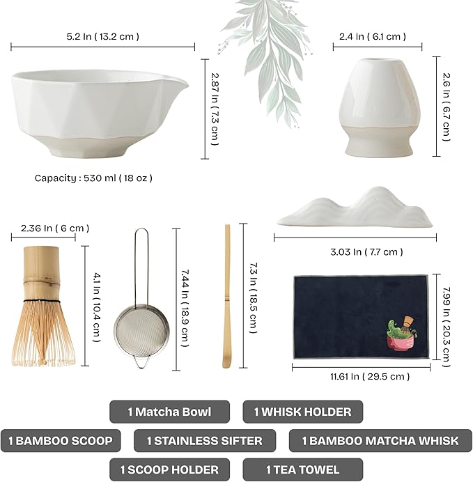 7 PCS Matcha Whisk Kit with Bowl & Scoop, Bamboo Whisk and Sifter, Traditional Japanese Tea Set for Matcha Lovers – Complete Matcha Gift Kit (White) - Bloomnest