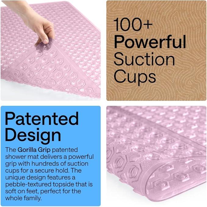 GORILLA GRIP Patented Square Shower Stall Mat, Small Bathtub Floor Mats for Stand Up Showers, Suction Cups and Drainage Holes, Machine Wash, Soft on Feet, Bathroom Accessories 21x21 Inch, Light Pink - Bloomnest