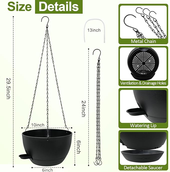 WOUSIWER Self Watering Hanging Planters, 2 Pack 10'' Plastic Pots with Drainage Holes & Reservoir Tray (Black) | Indoor & Outdoor Use for Ferns, Ivy, Herbs, Succulents - Bloomnest