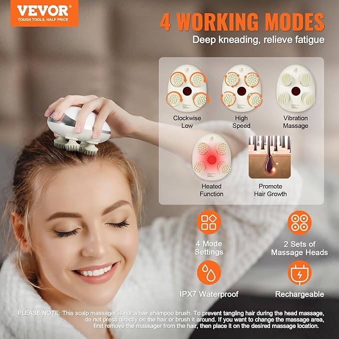 VEVOR Electric Scalp Massager with Heat, Rechargeable Heated Head Massager, IPX7 Waterproof | Portable Kneading Scalp Scratcher with 8 Removable Massage Head for Hair Growth, Deep Clean, Stress Relax VEVOR