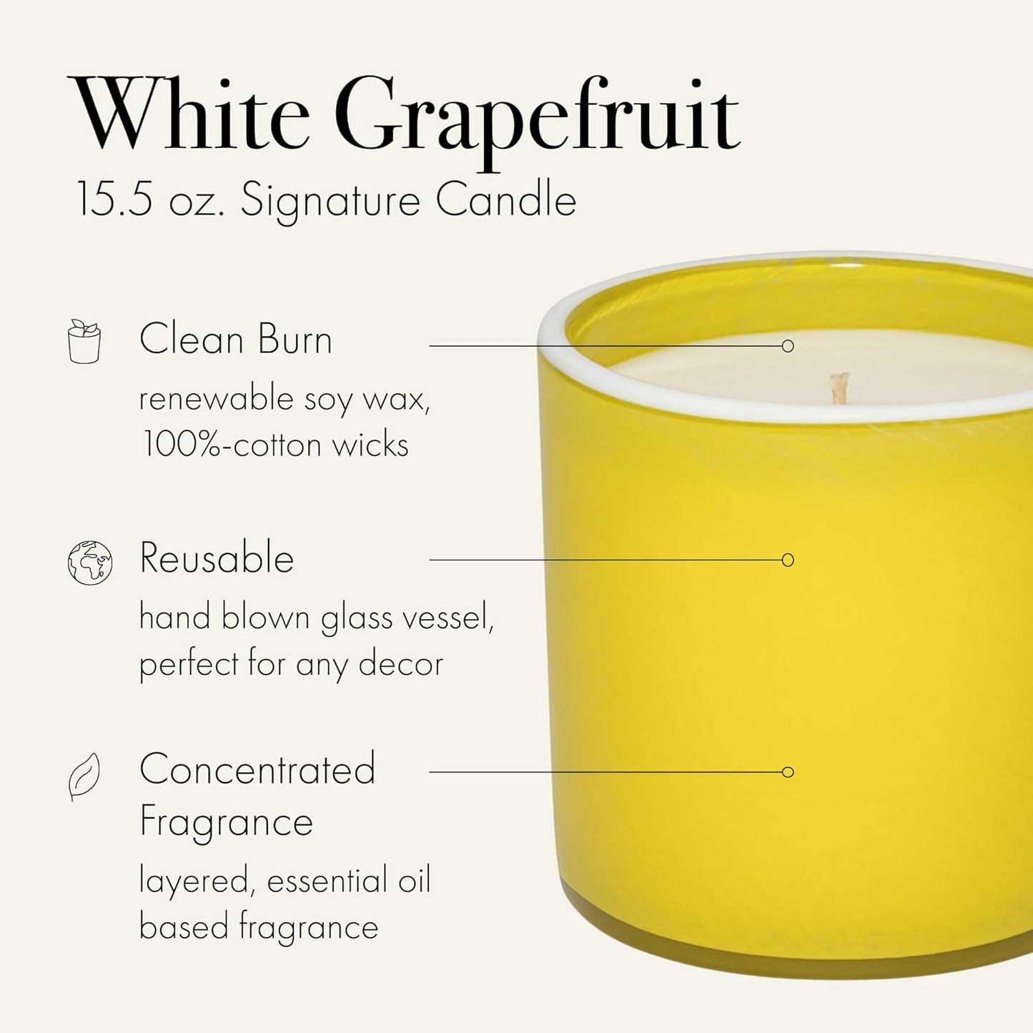 LAFCO New York Signature Candle, White Grapefruit - 15.5 oz - 90-Hour Burn Time - Reusable, Hand Blown Glass Vessel - Made in The USA