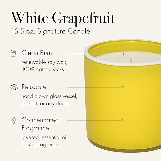 LAFCO New York Signature Candle, White Grapefruit - 15.5 oz - 90-Hour Burn Time - Reusable, Hand Blown Glass Vessel - Made in The USA - Bloomnest
