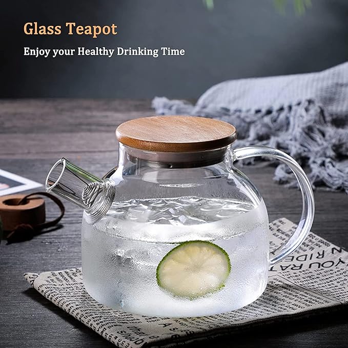 Glass Tea Pot Kettles Stovetop Safe, 33.8oz/1000ml Heatproof Borosilicate Glass Teapot Water Pitcher With Bamboo Lid and Removable Filter Spout for Loose Leaf and Blooming Tea - Bloomnest
