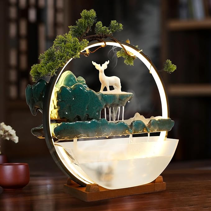 Tabletop Decoration Water Fountains Indoor Waterfall Fountains Humidifie with LED Light and Atomizer, Japanese Zen Decor for Meditation Fake Plants Bonsai Gift Feng Shui Decor - Bloomnest
