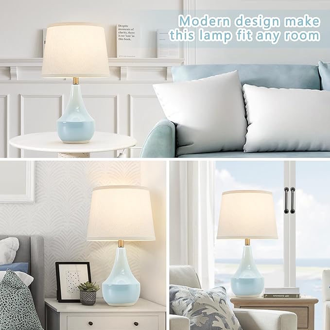 GyroVu Table Lamp Set of 2, 18.63” Ceramic Lamp Classic Beside Lamps Nightstand Lamp Modern Cute Lamp for Living Room, Bedroom & Office Rocker Swtich Sky Blue-LED Bulbs Included - Bloomnest