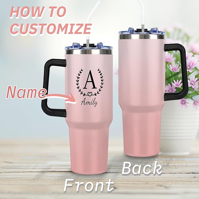 Personalized Tumbler with Handle and Straw Lid, Custom 40 Oz Cup with Name for Women, Customized Stainless Steel Travel Coffee Tumbler, Personalized Gifts for Birthday Christmas Anniversary - Bloomnest