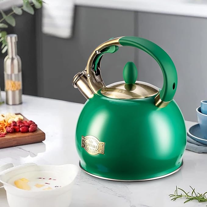 SUSTEAS Stove Top Whistling Tea Kettle - Food Grade Stainless Steel Teakettle Teapot with Cool Touch Ergonomic Handle, With 1 Silicone Pinch Mitt Included, 2.64 Quart (Green) - Bloomnest