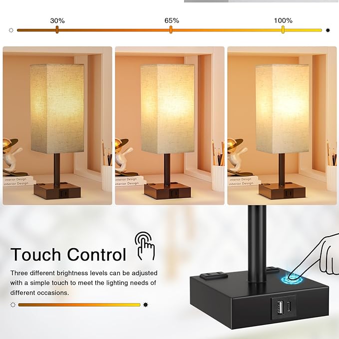 Touch Bedside Table Lamp for Nightstand - 3-Way Dimmable Night Lamp with USB A + Type C Charging Ports and Two AC Outlets, Small Desk Light with E26 LED Bulb for Bedroom Living Room Dorm, Beige - Bloomnest