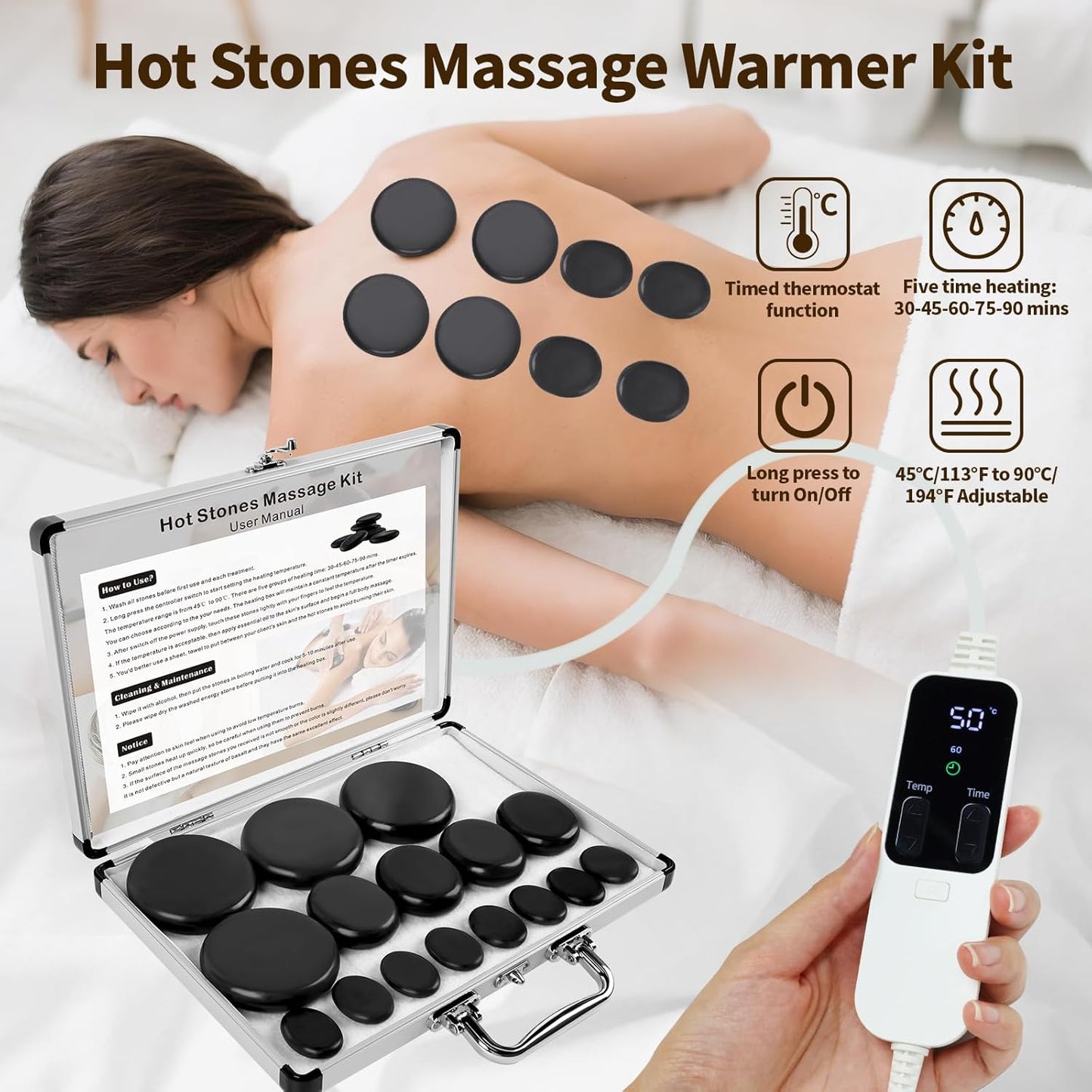 Meifuly Massage Oil Warmer and 16Pcs Hot Stones Massage Set with Temperature Adjustment