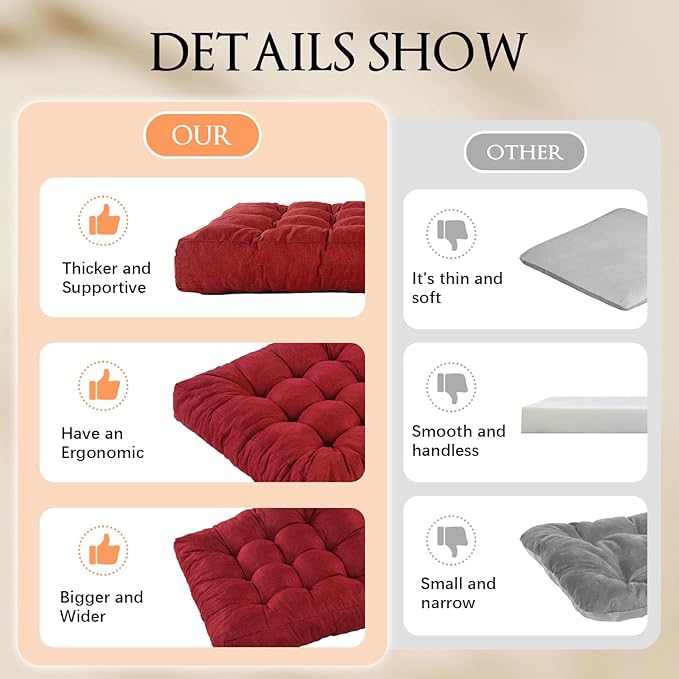 Meditation Floor Cushions Set of 2, Thickened Floor Pillow for Adults, Large Square Pillows Seat Cushion for Tatami Living Room Yoga, Memory Sponge Block Added, 22x22 Inch, Wine Red