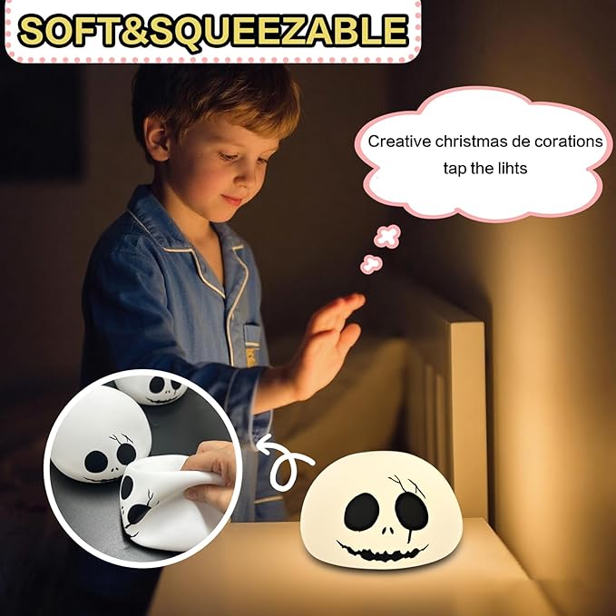 Cute Creative Christmas Skeleton Face Silicon Tap Light - Battery Powered, Multi-Color Changing, Safe and Soft for Indoor Holiday Decoration (White Skellington) - Bloomnest