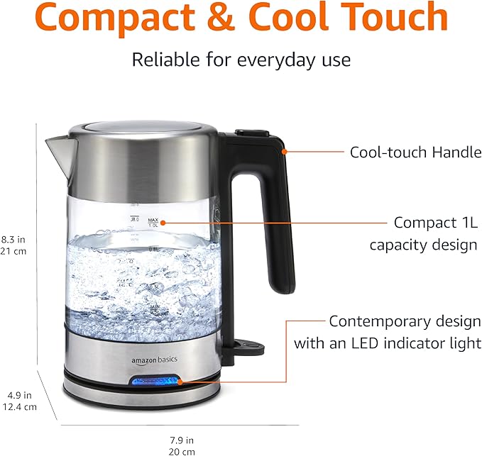 Amazon Basics Electric Kettle with Glass Carafe for Tea and Coffee, BPA-Free, Fast Boiling, Auto Shut-Off, 1.1 Quarts, 1500W, Glass and Steel - Bloomnest