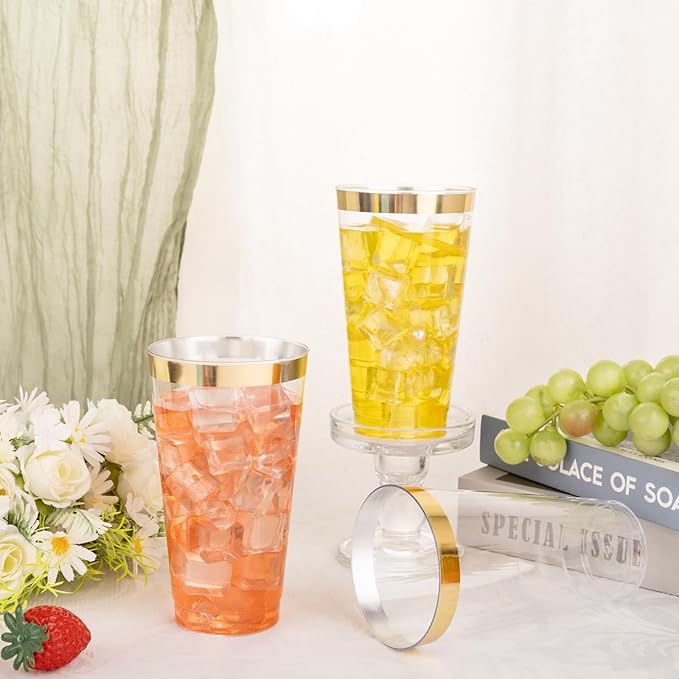 I00000 16 oz Gold Plastic Cups, 100 Pack Clear Plastic Cups Tumblers Gold Rimmed Cup, Heavy-duty Disposable Cup Perfect for Halloween, Thanksgiving and Christmas Parties - Bloomnest