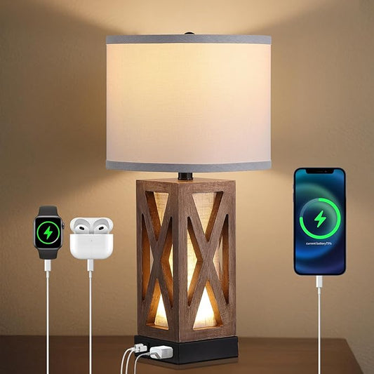 Wood Table Lamp, Vintage Nightstand Lamp with USB Charging Ports A/C, Farmhouse Bedside Lamps for Living Room - Bloomnest