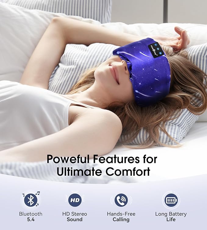 MUSICOZY Mulberry Silk Bluetooth Sleep Mask with HD Stereo Sound, Wireless Sleep Headband Headphones for Side Sleepers, Adjustable Size, Total Light Blocking, Perfect for Travel Relaxation Sleep - Bloomnest