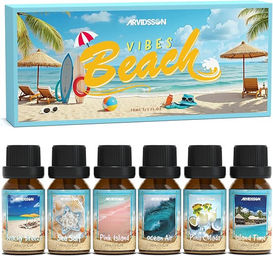 Beach Fragrance Oils Set, ARVIDSSON Summer Essential Oils for Diffuser - Beachy Breeze, Ocean Air, Pina Colada, Pink Sand, Sea Salt, Island Time, Tropical Scented Oil - Bloomnest
