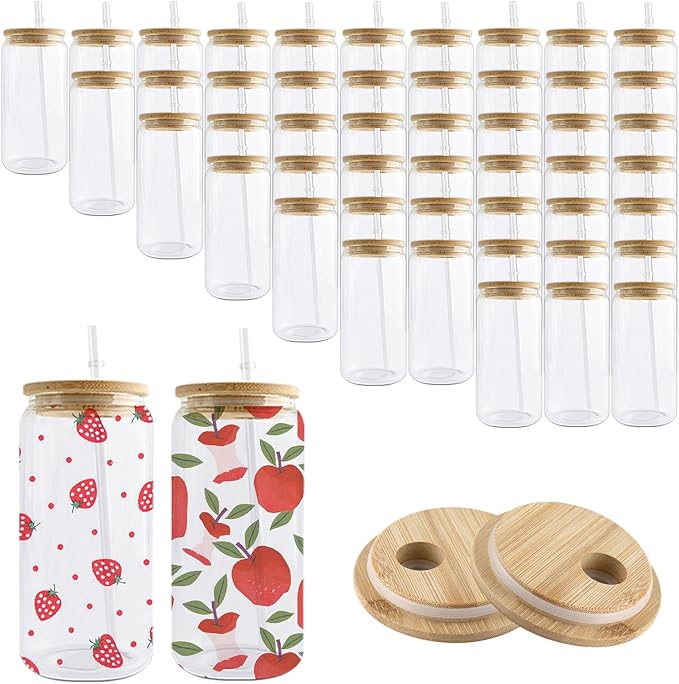 Sublimation Glass Cups Blanks with Bamboo Lids and Straws 50 Set 16 oz Reusable Iced Coffee Cup Beer Can Drinking Glasses, Cute Tumbler Cup for Smoothie Whiskey Boba Soda Tea Water - Bloomnest