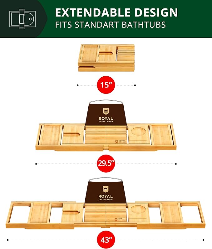 ROYAL CRAFT WOOD Bathtub Tray Caddy for Tub, Bamboo Bath Shelf, Premium Foldable Wood Bath Table, Expandable Bathtub & Bathroom Accessories, New Home Gifts for Mom, Housewarming, Anniversary, Wedding - Bloomnest