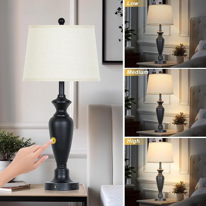30" Tall Black Table Lamp, 3-Way Dimmable Touch Control Bedside Lamp with USB A+C & AC Outlet for Bedroom, Living Room (1 Pack) - Bloomnest