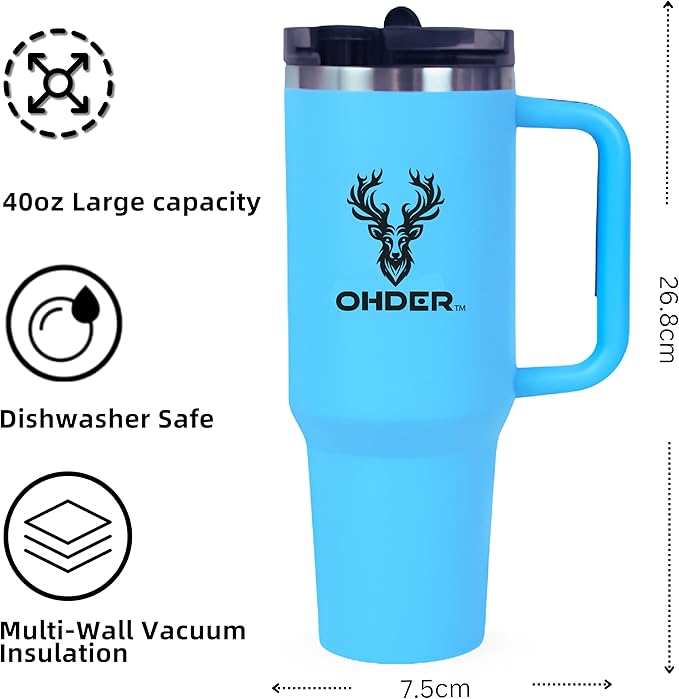 40 oz Tumbler with Handle and Straw | Vacuum Insulated Double Wall Stainless Steel Travel Mug | Leakproof, Hot and Cold | Cup Holder Friendly Base (Blue) - Bloomnest