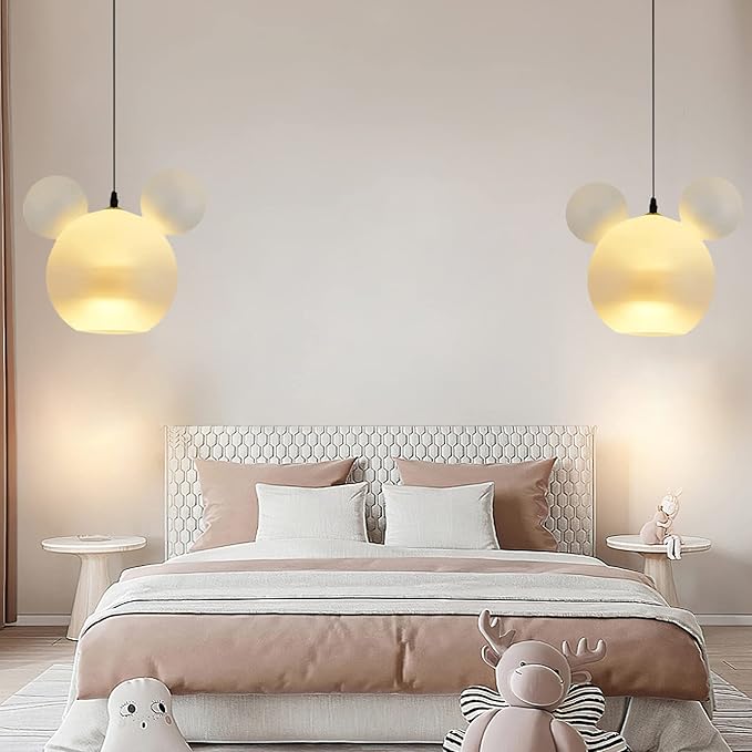 Cartoon Mouse Pendant Light Creative Personality Frosted Glass Chandelier Cute Fun Children's Bedroom Height Ceiling Lamp Shade Hanging Lights for Cafe Dining Room Bedroom, White, (001) - Bloomnest