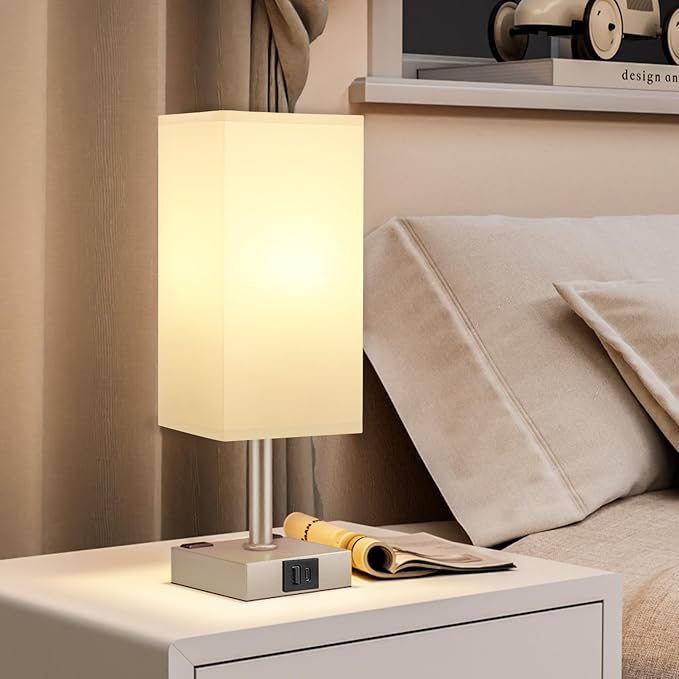 Antique White Touch Table Lamp - Mochaca Gold Bedside Lamp with USB A + Type C Charging Ports and Two AC Outlets, Small Night Stand with E26 LED Bulb, Desk Light for Bedroom Living Room Office Dorm - Bloomnest