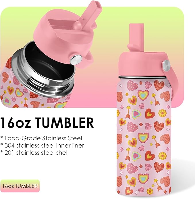 Heart Gifts for Kids - 16 Oz Kids Water Bottle with Straw Lid, Stainless Steel Insulated Tumbler, Leak Proof, BPA-Free, for Girls, School, Travel - Heart Pattern Children Birthday Gifts Cups(1pc) - Bloomnest