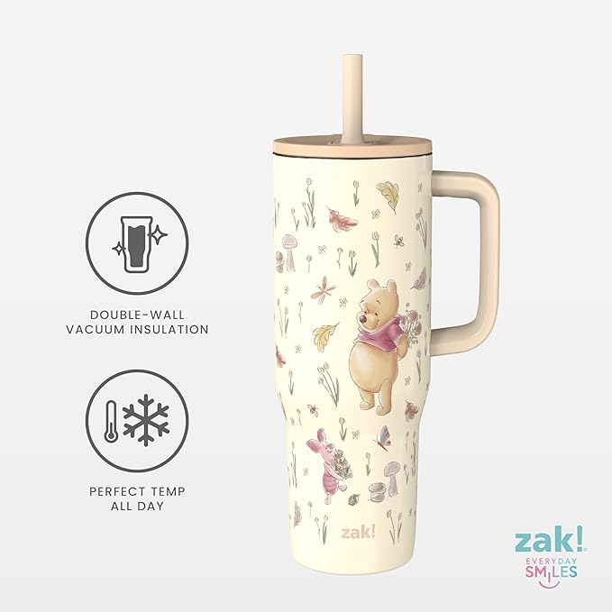 Zak Designs Disney Winnie the Pooh Sutton Travel Tumbler for On the Go, 30oz Stainless Steel with Vacuum Insulation, Silicone Straw, and Carry Handle for Cold Drinks (Pooh and Friends) - Bloomnest