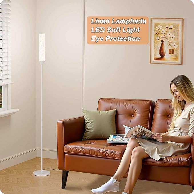 Floor Lamp with Remote Control, Floor Lamps for Living Room/Bedroom/Office, Stepless Adjustable 3000K-6000K Colors and 10-100% Brightness,Standing Light with Foot Switch (White+Beige Linen) - Bloomnest