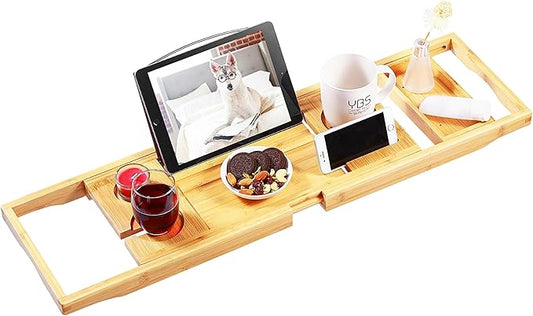VaeFae Bamboo Bathtub Caddy Tray, Expandable Bath Tray for Tub with Upgraded Wine Slots and Book Holder - Ideal for One or Two Person Use - Bloomnest