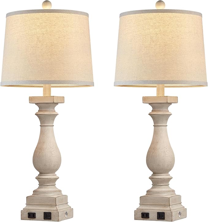 28" Tall Farmhouse Table Lamps Set of 2 with USB C+A Ports and AC Outlet, 3 Way Touch Control Rustic Bedside Lamp for Bedroom, Beige Vintage Nightstand Lamp for Living Room Office - Bloomnest