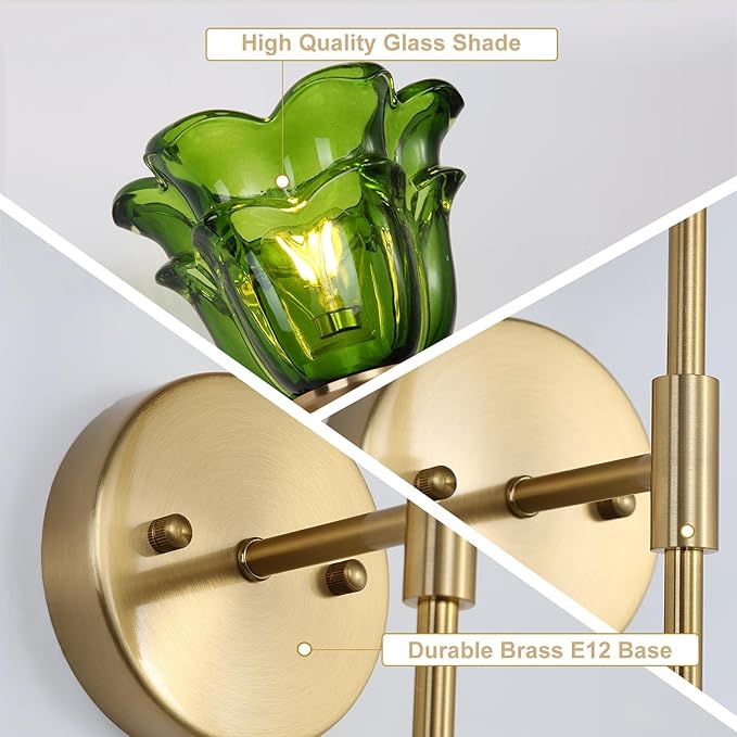 2 Pack Gold Wall Sconce with Green Glass Shades, Modern Mid Century Bathroom Vanity Wall Light Fixtures, Industrial Brushed Brass Wall Lamp, for Bedroom Mirror Living Room, ETL Listed - Bloomnest