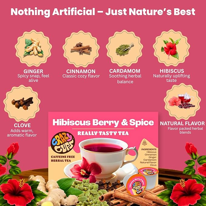 Crazy Cups Hibiscus Berry & Spice Herbal Tea Pods, 22 Count, Caffeine Free, Kosher Certified, Fruity & Spiced Blend with Cinnamon, Ginger & Clove | K Cup Compatible, Hot or Iced Herbal Tea - Bloomnest