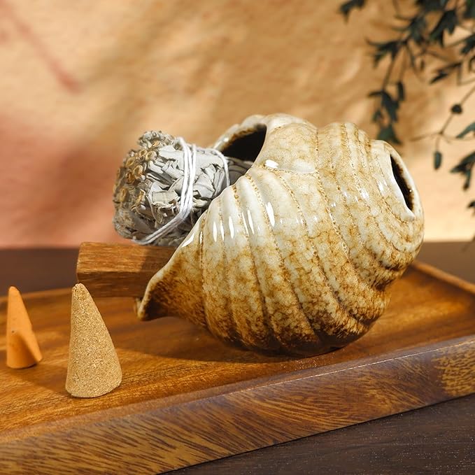 Mini Conch Chiminea Palo Santo Burner - Ceramic Smudging Bowl/Incense Chimney Works with Palo Santo Sticks/Sage/Copal,Tabletop Altar, Thoughtful Gifts for Meditation, Yoga, Aromatherapy - Bloomnest