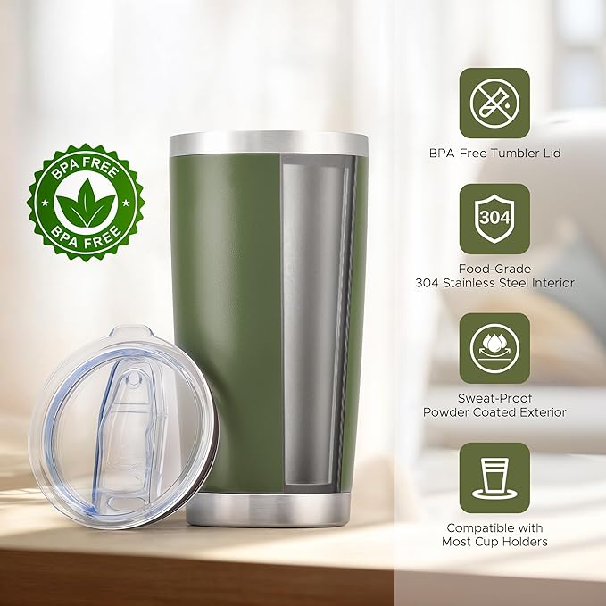OMTech 20oz Tumblers Bulk, 12pc Stainless Steel Tumbler Set with Lid & Straw, Double Wall Vacuum Insulated Mug for Laser Engraver, Travel Coffee Mug for Hot & Cold Drinks, Army Green Powder Coated Cup - Bloomnest