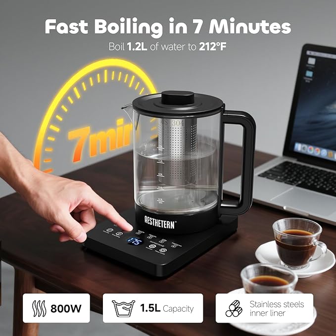 Electric Tea Kettle with Infuser Temperature Control and Automatic Shut Off 24 H Keep Warm for Coffee Water Heater and Tea Pot Glass Black 1.5L