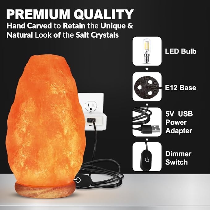 WBM Salt Lamp - USB Himalayan Salt Lamp with Touch Dimmer Control, Natural Pink Crystal, 5-7 lbs, Wooden Base, LED Bulb, Room Decor, Home Decor, Relaxation, Ambiance, Gift