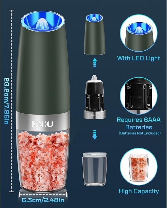 XinXu Gravity Electric Pepper and Salt Grinder Set, Adjustable Coarseness, with LED Light, One Hand Automatic Operation (Set/DarkGreen X) - Bloomnest