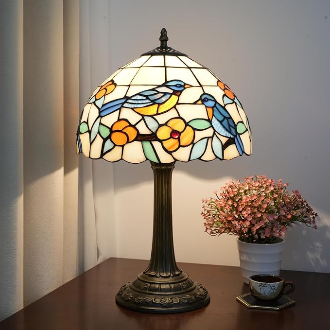 Hummingbird Lamp Stained Glass Table Lamp Tiffany Lamps for Bedroom Living Room Bedside Home Office Vintage Style Bird Flower Farmhouse Hotel Bar Decor Night Stand Desk Reading Light 12x12x19 Inch - Bloomnest
