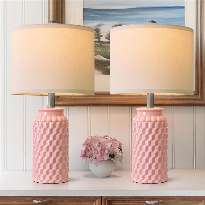 20.5" Pink Table Lamps Set of 2,Modern Farmhouse Bedside Lamps - Ceramic Nightstand Lamps for Bedroom,Boho Living Room End Tables,Small Office Desk Lamp - Bloomnest