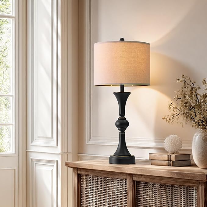 Table Lamps Set of 2, 28" Tall Bedside Table Lamp for Living Room, Bedroom, End Table Lamps with USB A+C Charging Ports, Modern Nightstand Lamps, Matte Black Finish, Farmhouse - Bloomnest