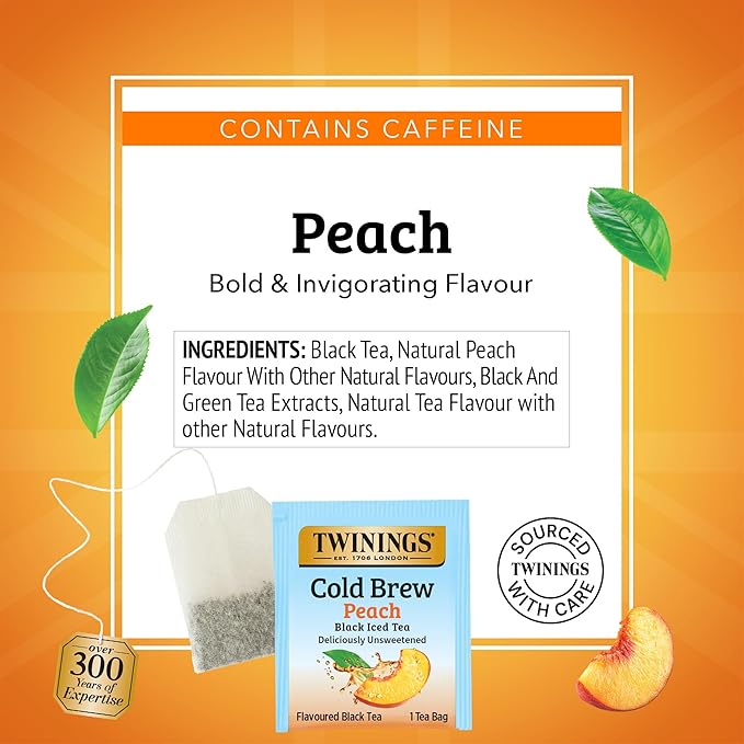 Twinings Peach Cold Brew Iced Tea Bags, 20 Count (Pack of 2), Unsweetened Flavoured Black Tea, Caffeinated, 20 Teabags - Bloomnest