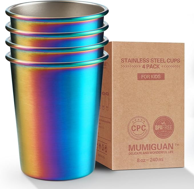 Stainless Steel Cups for Kids 7.8oz/230ml (4 Pack), Children's Rainbow Electroplating Cups, Camping Stainless Steel Cups, Stackable Metal Drinking Glasses, Toddler Stainless Steel Tumbler, BPA Free - Bloomnest