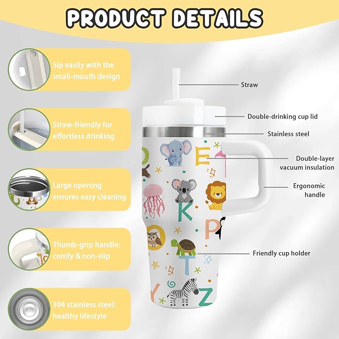 14 oz Kids Animal Alphabet Tumbler with with Handle Straw Lid, Stainless Steel Insulated Water Tumbler, Abc Letters Stuff, for Sports, School, Travel - Back to School Children Birthday Gifts Cups(1pc) - Bloomnest